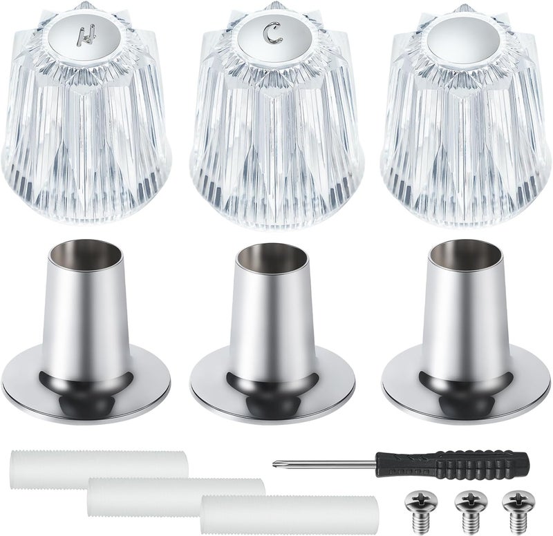 UCDETD Shower Knobs 3 Piece Replacement and Flange Base, Clear Acrylic Plastic Hot/Cold/Diverter Shower Knob Compatible with Price Pfister Contessa and Windsor Bathtub Shower Faucet Handle - Image 1